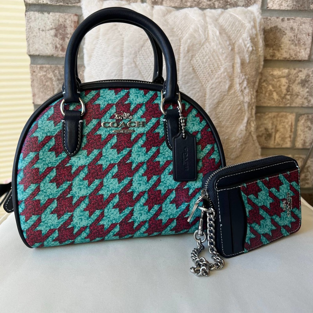 COACH Navy Sydney Satchel With Houndstooth Print NWT